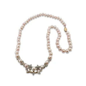 Cultured Pearl and Diamond Floral Necklace in 14 Karat Yellow & White Gold